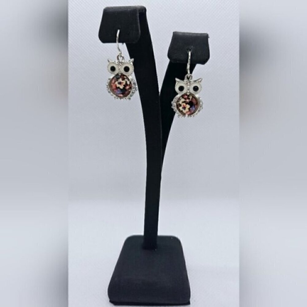 Silver Tone Owl Dangle Earrings Floral Rhinestone Boho Cottagecore Jewelry